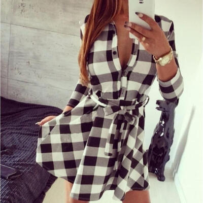 

Casual Women Plaid Check Belt Blouse Shirt 34 Sleeve Button Down Top Mini Dress