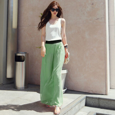 

Roseonmyhand Women Casual Solid Stretch High Waist Skirt Plain Flared Pleated Long Skirt