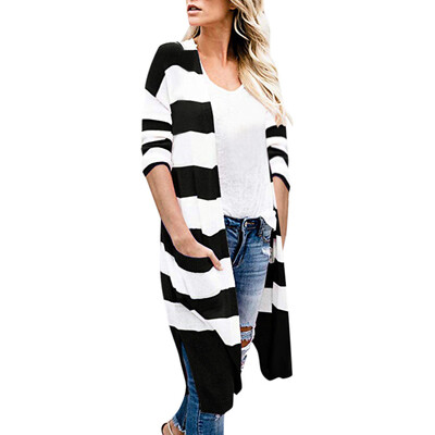 

Toponeto Fashion Women Autumn And Winter Cardigan Pocket Striped Sweater Jacket Coat