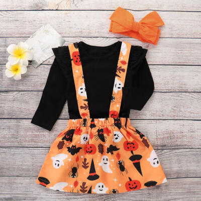 

Toddler Kids Girl Halloween Tops T-shirts Skater Skirt Headband 3pcs Outfits Set