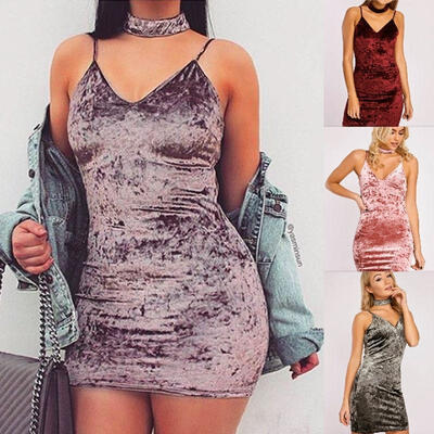 

Sexy Women Ladies V Neck Choker Halter Bodycon Spaghetti Straps Short Mini Dress