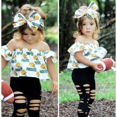 

Stylish Baby Kids Girls Off Shoulder Tops Ripped Leggings Pants 3PCS Outfits Set