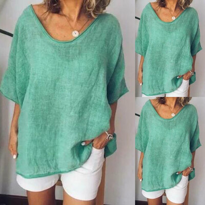

Womens Summer Linen Blouse Casual Loose V Neck T Shirt Half Sleeve Baggy Tops