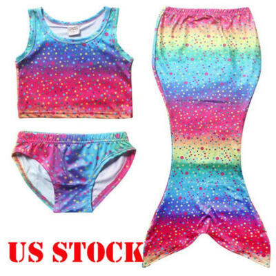 

3Pcs Set Girls Kid Swimmable Bikini Mermaid Tail Summer Beach Bathing Swimwear