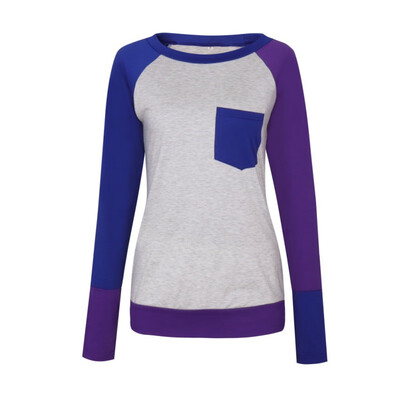 

Female O-Neck Long Sleeve Casual Simple T Shirts Pocket Patchwork Tops 2018 Spring Autumn Women Cotton Slim T-Shirts Tees