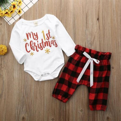 

UK Xmas Newborn Baby Boy Girl First Christmas Romper Plaid Pants Outfit Clothes