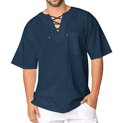 

Men Summer T-Shirt Cotton Linen Thai Hippie Shirt V-Neck Beach Yoga Top
