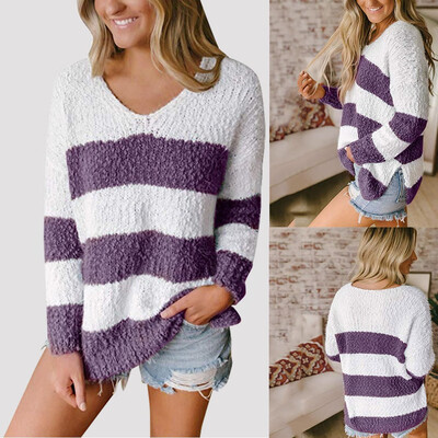 

Tailored Fashion Women Casual Long Sleeve Stripe Colour Stitching V Neck Loose Plush Tops