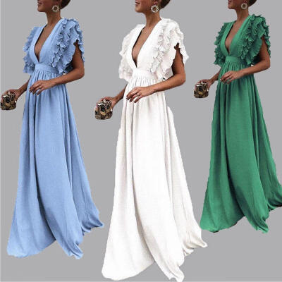 

Fashion Women Summer Boho Floral Short Sleeve Long Maxi Dress Party Beach Sundress