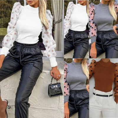 

NEW Women Polka Dot Sheer See-through Long Puff Sleeve Tops Blouse Club T-Shirts
