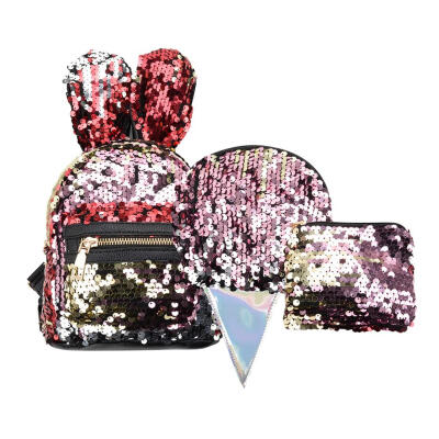 

3pcsset Women Rabbit Ear Sequin Mini Backpacks Teenager Girl Shoulder Bags