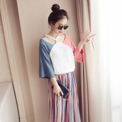 

Womens Loose Halter 34 Sleeve Blouse Tops Color Block Casual Party T-Shirts