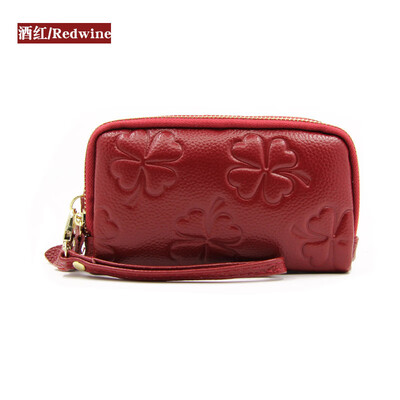 

2019 new four-leaf clover embossed double zipper first layer leather ladies clutch bag long leather wallet wallet