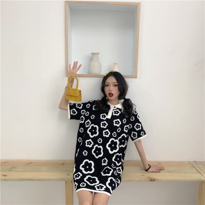 

Women Sweet Fashion Cute Flower Printed Lapel All-match Concise Loose Casual Dresses