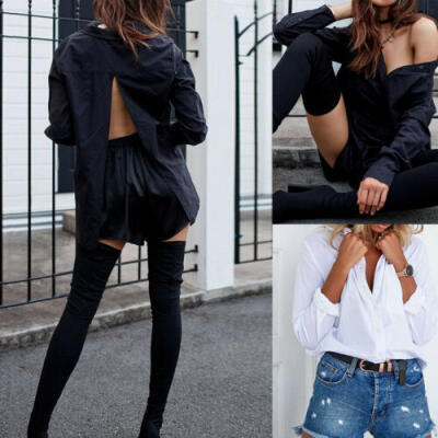 

Women Lady Work Office Loose Long Sleeve Open Back Shirt Blouse Buttons Tops UK