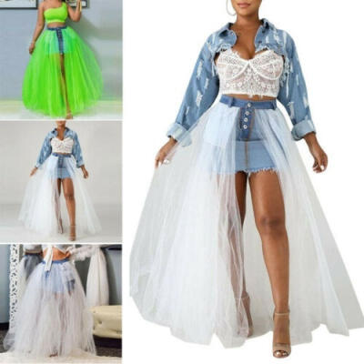 

Women High Waist Demin Skirt With Tulle Cover Up Mesh Skirt Dress Sheer Wrap