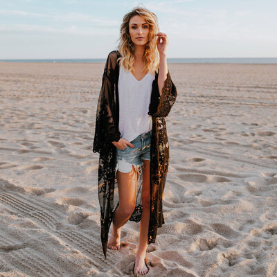 

Roseonmyhand Women Lace Bohemian Beach Long Oversized Kimono Coat