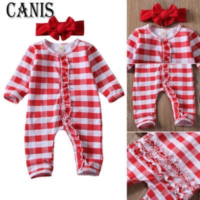 

US Stock Newborn Kid Baby Girl Plaids Romper Bodysuit JumpsuitHeadband Clothes