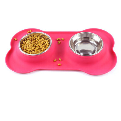 

〖Follure〗Double Dog Bowls Stainless Steel Bone Shape Food Container for Dogs Feeding Food