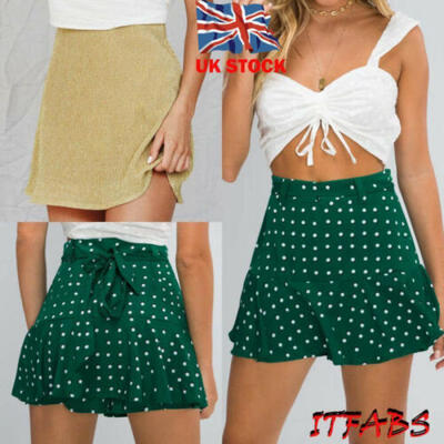 

Womens Polka Dot Casual Short Mini Ruffled Pleated Skirt High Waist Sundress UK