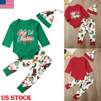 

Newborn Baby Boy Girl Kids Christmas Tops Pants Hat Autumn Winter Xmas Clothes