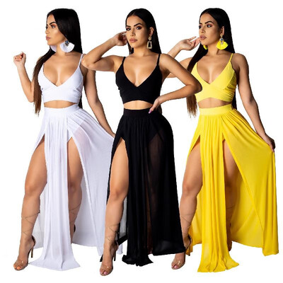

AliExpress EBAY Amazon Explosion Summer Womens Europe&America Sexy Camisole Chiffon Skirt Two-piece Yellow G0182