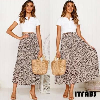 

Womens Chiffon Pleated Long Maxi Dress Elastic Leopard Print Skirt Evening Party