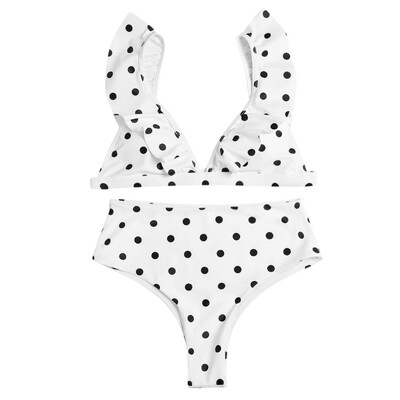 

Plunge Neck Backless Padded Flounce Polka Dot High Waist Women Bikini Set