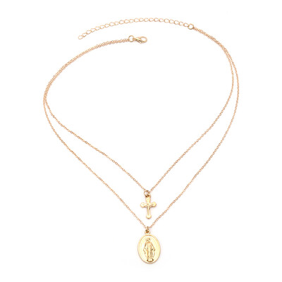 

Religious Jewelry Double Layer Madonna Holy Mother Cross Pendant Women Necklace