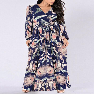 

V-neck Floral Printed Bishop Long Sleeve Strappy Hem Maxi Dress