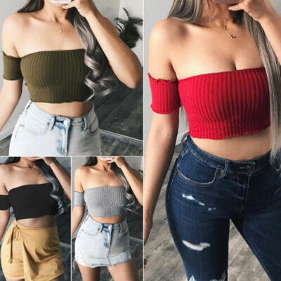 

Women Off Shoulder Frill Bralet Bandeau Boobtube Cami Crop Tops T-Shirt Summer