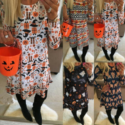 

UK STOCK Halloween Ladies Women Skull Pumpkin Long Sleeve Party T-Shirt Dress