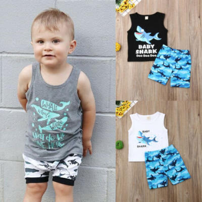 

Newborn Kids Baby Boy Shark Outfits Sleeveless Tops Shorts Pants Summer Clothes