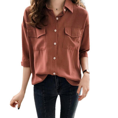 

Women Concise Casual Solid Color Middle Sleeve Striped All-match Loose Standing Collar Shirts