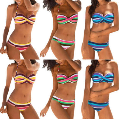 

Sexy Women Chromatic Stripe Bikini Set Push Up High Waist Swimsuit Beachwear Set