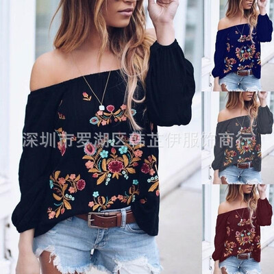 

2018 autumn new large size womens Europe&America large size loose thin one-word collar printing T-shirt blue
