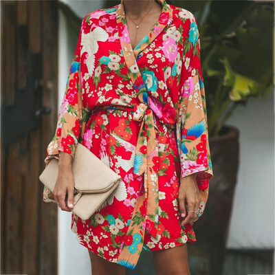 

Women Long Sleeve Bohemian Casual Loose Blouse Kimono Ladies Floral Cardigan Flare Sleeve Sexy Thin Shirt