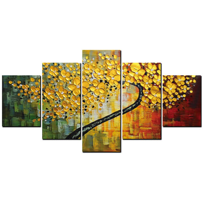 

YISHIYUAN 5 Pcs HD Inkjet Paints Golden Abstract Rich Tree Decorative Painting