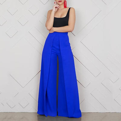 

Women Pants Solid Color Splicing High Waist Wide Loose Legs Baggy Zipper Casual Trousers Party Wear