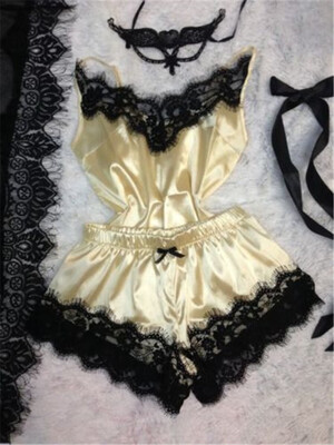 

2pcs Women Sexy Satin Lace Sleepwear Babydoll Lingerie Nightdress Pajamas Set