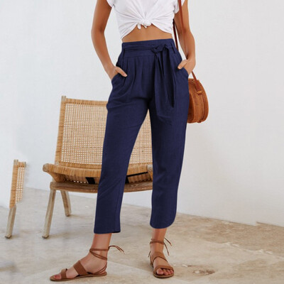 

Tailored Womens Ankle Length Pants Cotton High Waist Solid Color Trousers Ladies Pants