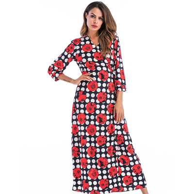 

Tailored Women Deep V Neck Polka Dot Striped Floral Print Seven Sleeve Long Dress