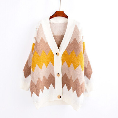 

Fall 2018 new Korean version of the monochromatic wave sweater cardigan jacket womens loose v-neck long knit sweater