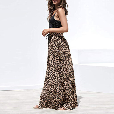 

Roseonmyhand Womens Leopard Print Long Drawstring Pleated High Waisted Bohemian Skirt