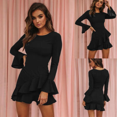 

Women Ladies Long Sleeve Ruffle Short Mini Dress Ladies Summer Sundress Holiday