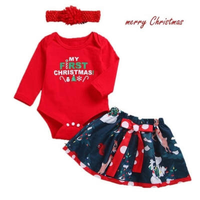 

Christmas Red RomperSkirts Outfits 3PCS MY FIRST CHRISTMAS Set For Girl Baby