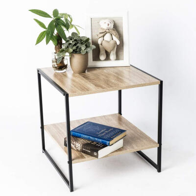 

End Coffee Table Small Square Occasional Vintage Side Table Storage Shelf Mid-Century Industrial Wood Look Metal Frame