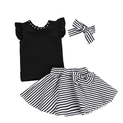 

Kozart 3PcsSets Summer Baby Girl Casual Fly Sleeve T-shirt Tops Stripe Skirts Headband Outfits Set