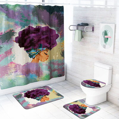 

〖Follure〗African Explosion Head Woman Waterproof Shower Curtain Bathroom Mat Four-piece