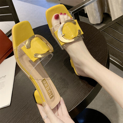 

Sandals women wear 2019 new girls heart metal buckle square head toe drag gentle fairy high heels
